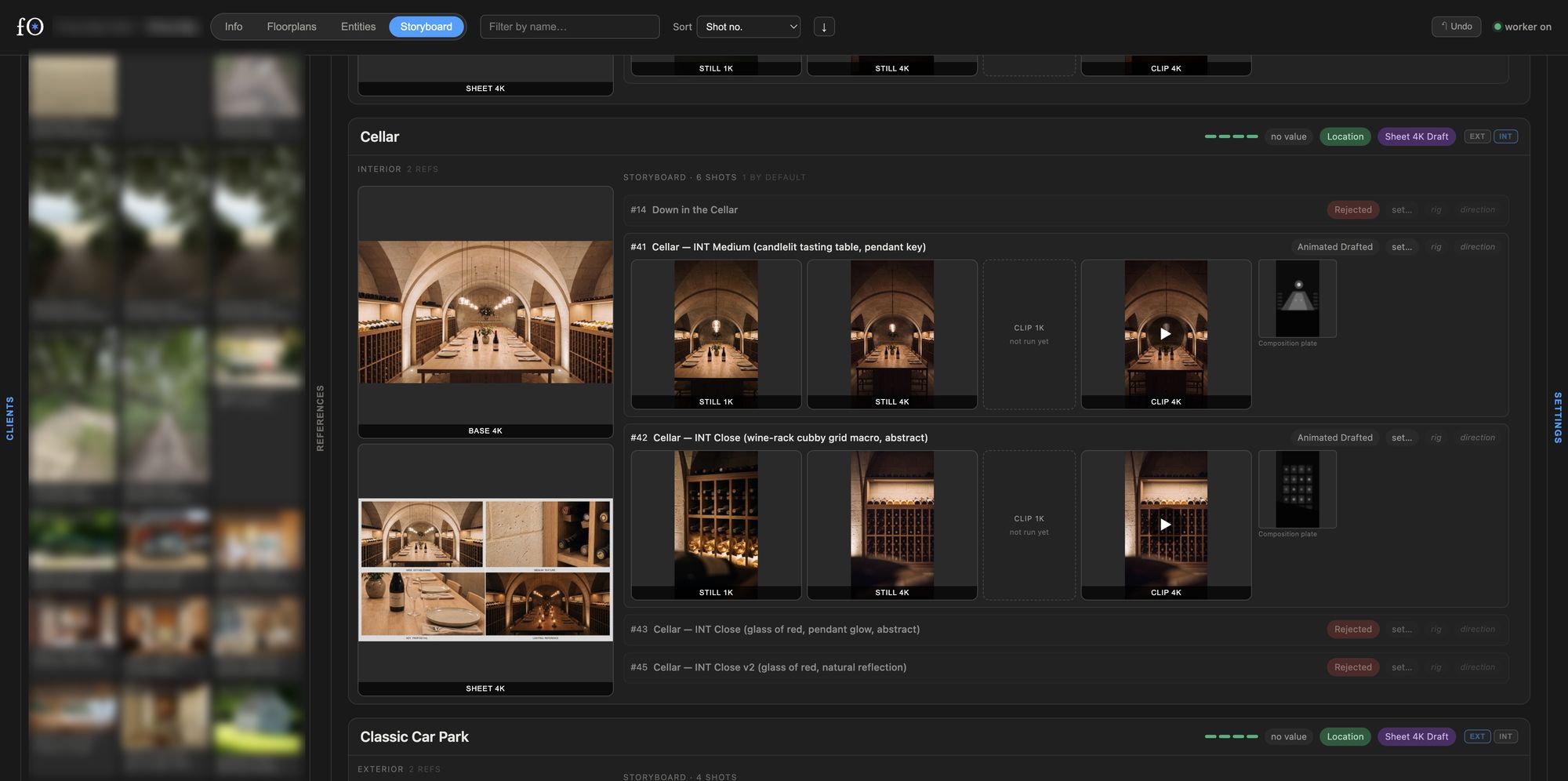 The faintOBJECT production board: one location's scene and sheet alongside every shot and clip made from them
